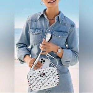 Brighton Like New Love Scroll Print White canvas Crossbody Bag